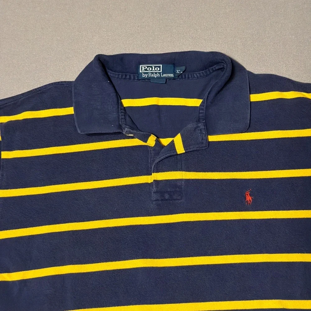 Vintage Polo Ralph Lauren Size XL Blue Stripe Yellow Polo Short Sleeve